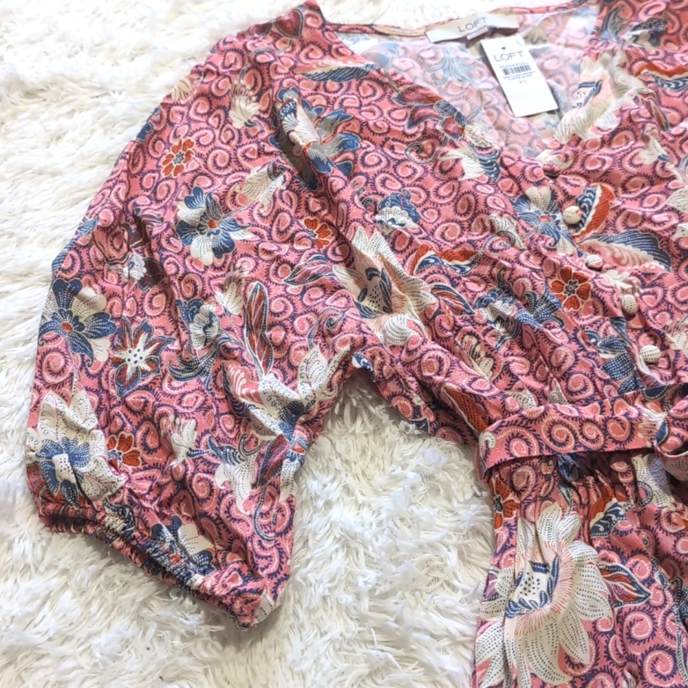NWT Loft Pink Floral Cinched Waist Dahlia Dolman Sleeve Pocket Dress Size XS - Picture 7 of 14